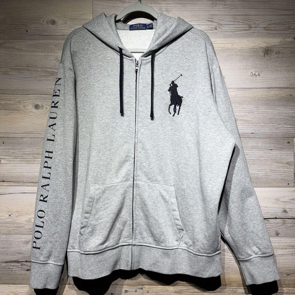 Polo Ralph Lauren Full Zip Fleece Hoodie Big Pony & Spell-Out Logo Men’s XL Gray